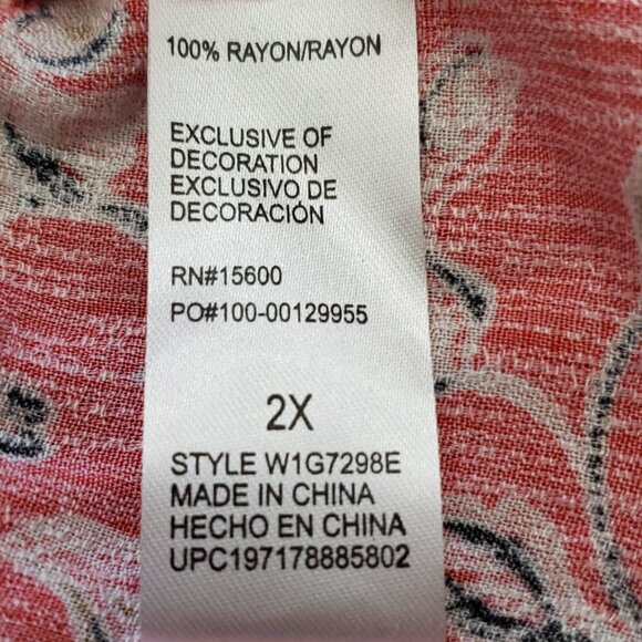 Democracy Poppy Red Multi Print 3/4 Sleeve Button Down Women's Top Size 2X - Picture 15 of 16